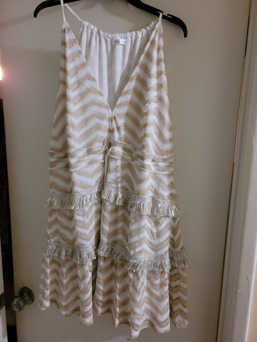 VENUS White and Cream Chevron Tiered Mini Dress